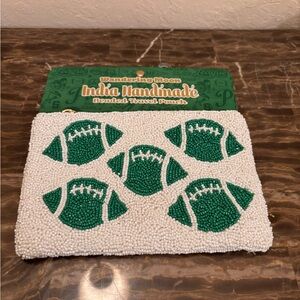 India Handmade White and Green Beaded Vanity Pouch